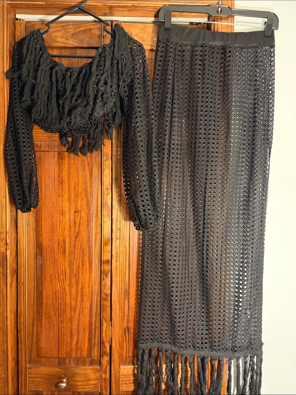 Swim Cover-Up With Crop Top & Black Crochet Fringe Maxi Skirt - Women